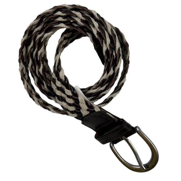 Linen Strand Bonded Brown Leather Woven Braided Belt Silvertone Buckle Size ML - Picture 1 of 9